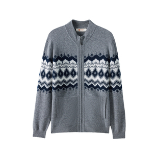 皮皮狗25秋冬新款男士半高领拉链羊绒开衫费尔岛风格复古图案拼接