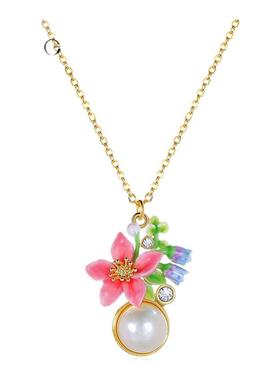 Juicy Grape粉色花朵铃兰珍珠项链法式简约珐琅锁骨链生日礼物女