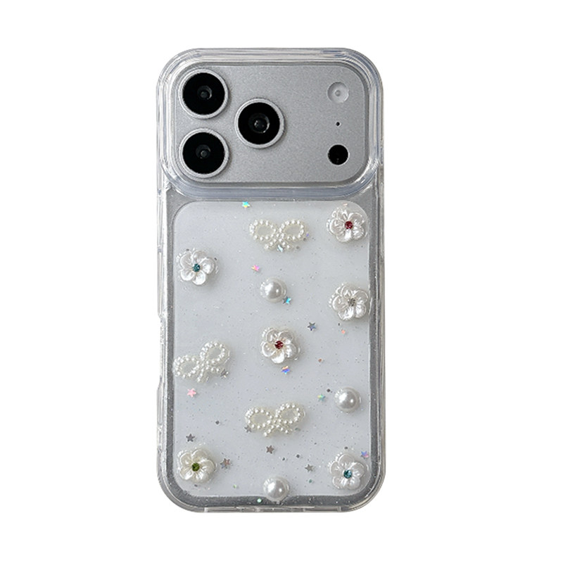 小花朵珍珠领结滴胶闪粉星星亮片手机壳适用苹果18pro小清新风iPhone17promax透明16plus女新款时尚15保护套
