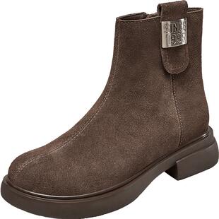 意尔康女鞋冬季休闲加绒短靴粗跟气质英伦显瘦复古及踝靴女士磨砂