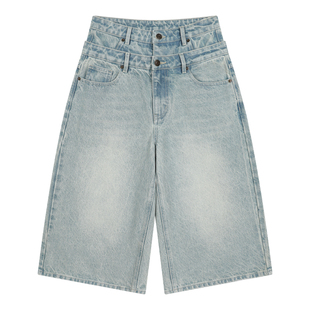 mostwanted双腰头喷白休闲阔腿7分牛仔裤刺绣洗水牛仔短裤A字中裤