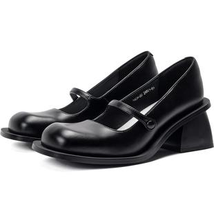 littlegood日系玛丽珍鞋女春夏新款中跟一字带小皮鞋百搭