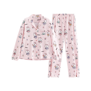 芬腾纯棉睡衣女春秋季翻领长袖套装女款可爱布朗熊卡通休闲家居服