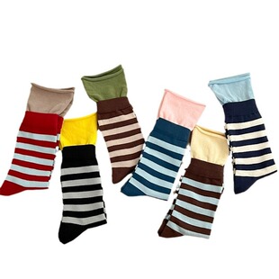 早秋小众设计彩色条纹双层袜口ins日系叠穿撞色糖果色长筒堆堆袜