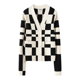 苍天！也太好看了棋盘格100%纯山羊绒外套女2025春新款毛衣开衫女
