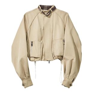 VCR STUDIO 浅卡其美式复古工装立领短外套女春设计感休闲夹克潮