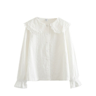 梦箱子2025新款小清新提花纯棉布衬衣女蕾丝娃娃领百搭宽松白衬衫