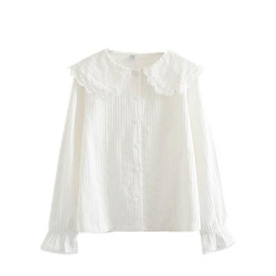 新款纯棉布蕾丝娃娃领提花白衬衫