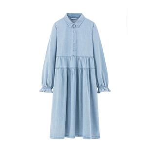 中和休闲浅蓝色牛仔连衣裙女春秋宽松翻领文艺中长裙裙子G6137320