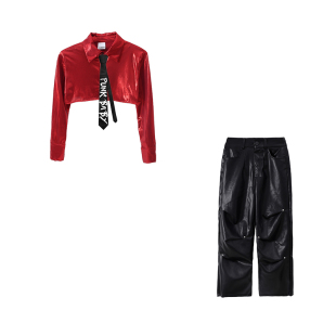 爵士舞服女童套装露脐红色衬衫上衣亮面jazz皮裤女团时髦表演出服