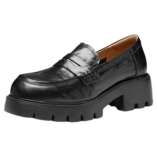 色非厚底乐福鞋女款2026新款春季英伦风黑色单鞋一脚蹬百搭小皮鞋