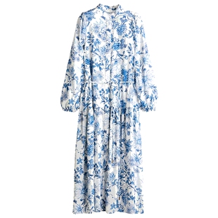 HM女装连衣裙春季中式领泡泡袖收腰青花瓷印花长裙1272213