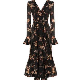 DPLAY秋季法式茶歇裙碎花连衣裙V领长袖连衣裙印花裙鱼尾长裙