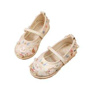 汉服鞋女童春秋古装古风中式薄纱老北京布鞋手工珍珠儿童绣花鞋夏
