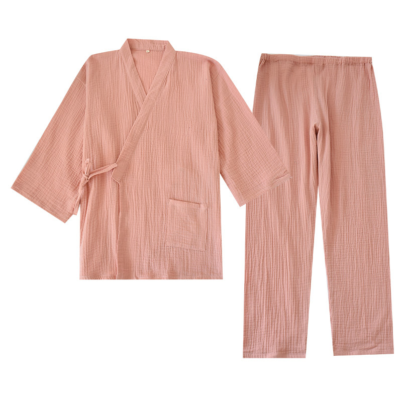 七分袖简约和服睡衣女士春秋季纯棉绉布情侣家居服甜美两件套装