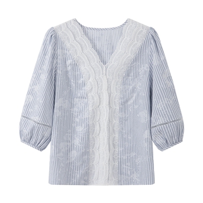 LILY通勤蕾丝泡泡袖套头雪纺衫