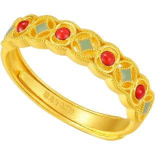 潮宏基臻金十二颜黄金戒指足金戒圈手饰5G金花丝镂空生日礼物卟