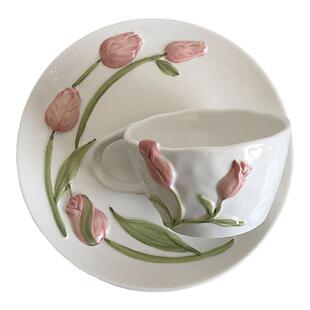 橘橙*ins风郁金香立体浮雕碗盘套装高颜值陶瓷家用餐具马克杯