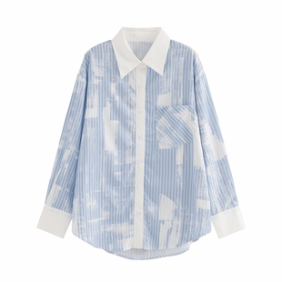 撞色蓝色长袖衬衫中长款春2026设计感上衣宽松运动休闲衬衣外套