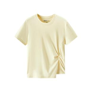 森柔|森马短袖T恤女夏短款正肩纯色修身扭结不对称上衣设计感衣服