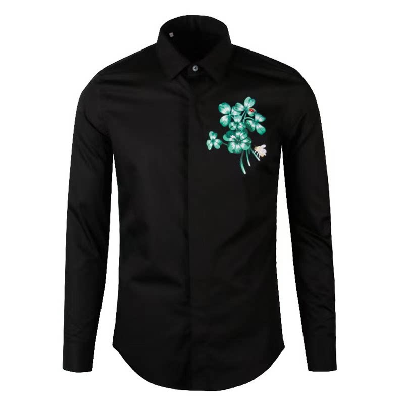 男装瓢虫兰花蜜蜂印花长袖衬衫