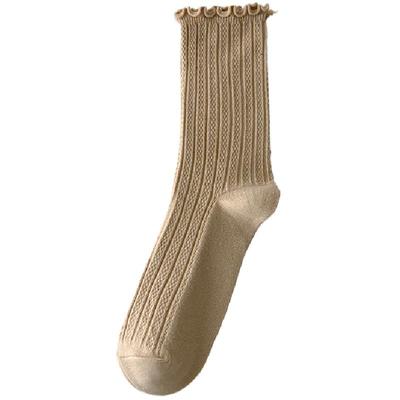 2025新品秋季棉袜双针纯棉暗纹抽条木耳边纯色袜子女堆堆中筒袜