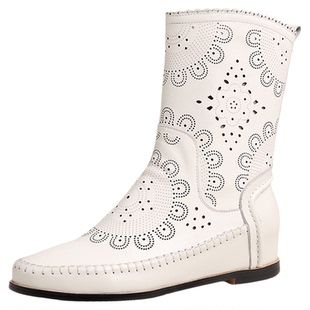 2026春新款真皮女靴子内增高中筒靴平底短靴镂空春秋单靴白色凉靴