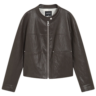 KBNE小立领短款棕色外套女2026春季新款摩登复古气质皮衣PU皮夹克