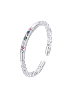 S925纯银绝美细闪彩虹戒指女轻奢ins风时尚小众彩钻开口指环戒子