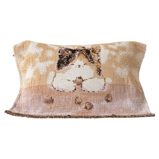 流苏三花猫枕巾全棉A类四层纱布四季通用枕头巾一对纯棉布防头油