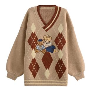 森女部落原创设计复古古着感v领宽松菱格纹叠穿毛衣女2025新款冬