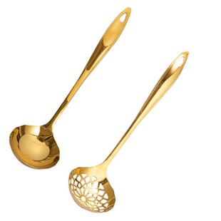 金色不锈钢汤勺家用盛汤汤勺漏勺厨房火锅专用勺加长加厚一体套装