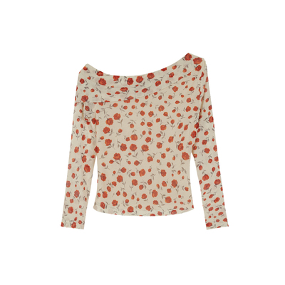 Asobio2026春新品玫瑰印花斜肩长袖修身弹力T恤时尚显瘦上衣466