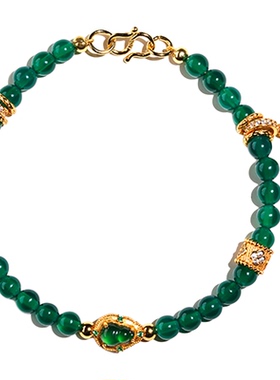 KISSMORE/琛墨葫芦玉满福满原创天然翡翠手链纯银镀金绿玛瑙手串