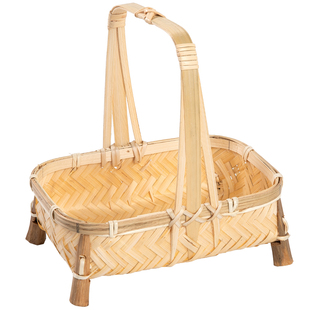 竹编手提篮复古编织篮子桌面创意手工小竹篮家用茶点水果糕点托盘