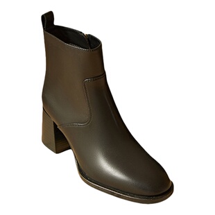 Nine West/玖熙侧拉链粗跟真皮短靴女黑色圆头通勤女靴简约时装靴