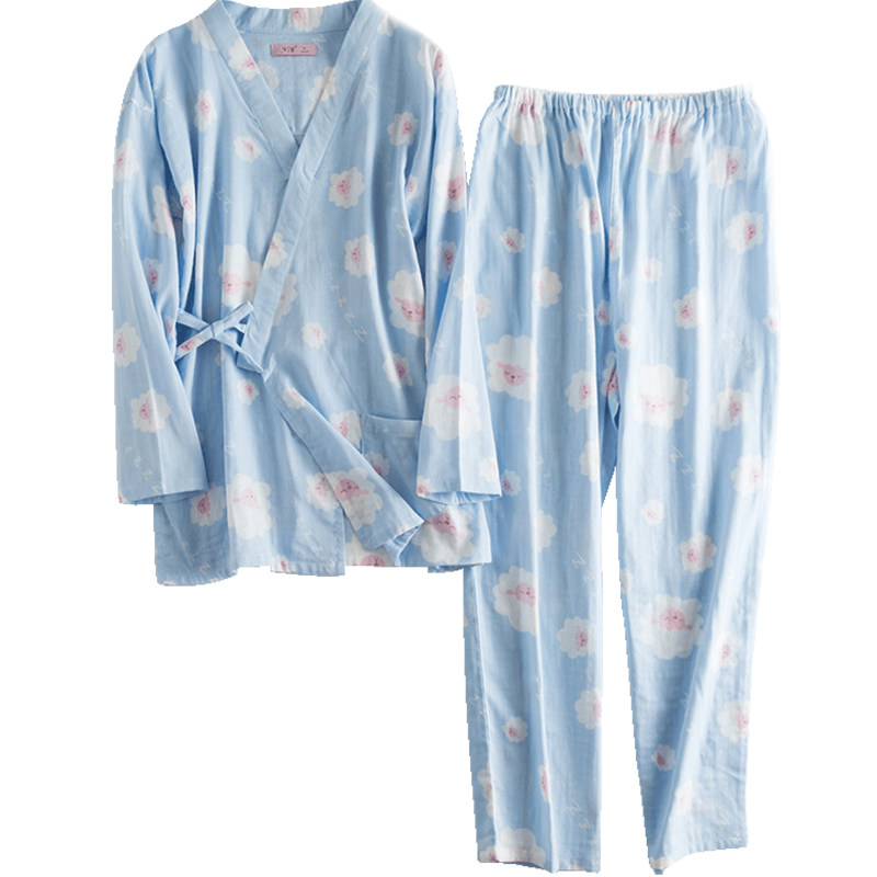 日系和服睡衣女春秋纯棉纱布家居服秋冬日式薄款长袖可出门套装