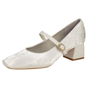 国风新中式绸缎单鞋女配旗袍汉服粗跟不累脚中跟婚纱伴娘鞋新娘鞋