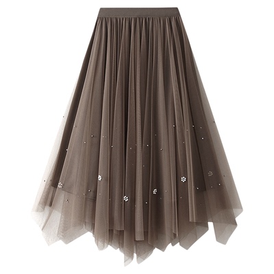 9816-钉珠不规则网纱半身裙