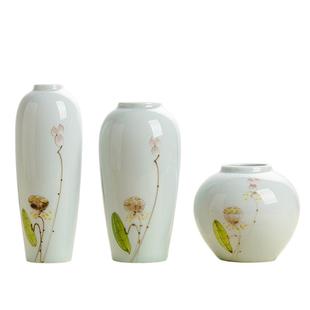 景德镇陶瓷手绘莲花小花瓶茶室摆件干花水培插花器客厅三件套装饰