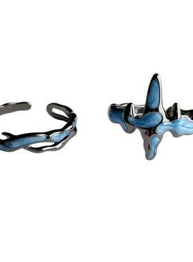 蓝月光四芒星戒指男女潮暗黑风