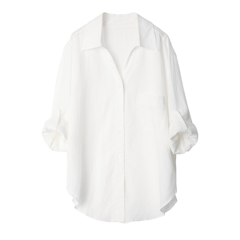 白色V领亚麻衬衫套装秋