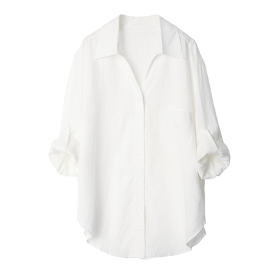 白色V领亚麻衬衫套装秋