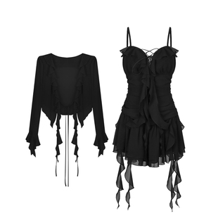 安妮不火 纯欲荷叶边雪纺短裙女2025春夏新款微胖大码小黑裙套装