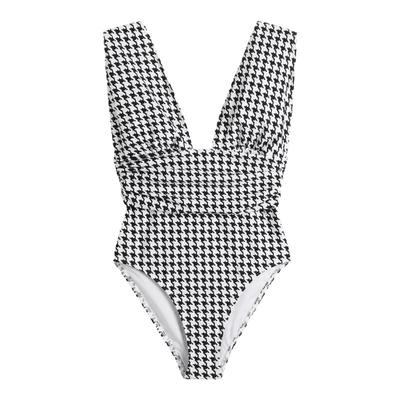 露背连体泳衣千鸟格显瘦比基尼女
