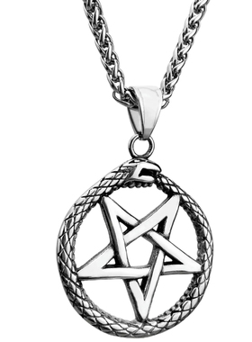 潮男钛钢复古衔尾蛇倒五芒星项链