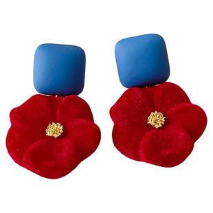 红色丝绒大花朵耳坠耳环女2026巨好看夸张耳钉独特漂亮耳饰过新年
