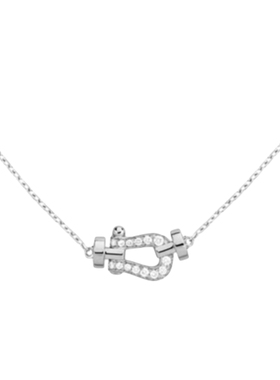 潮港福18K金小号半钻马蹄扣项链