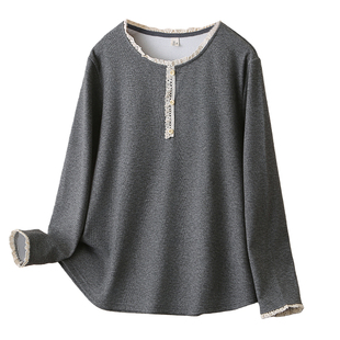 大码冬装新款蕾丝花拼接圆领长加绒袖T恤女显瘦打底衫内搭上衣