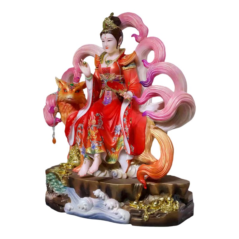九尾狐娘娘神像狐帝摆件家用祝福汉白玉彩绘狐皇狐后九姑娘妲己